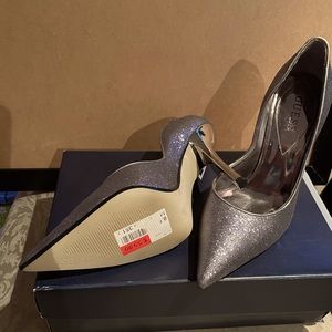 HEELS, beautiful silver glitter with silver spike heel,  never worn